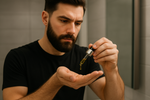 man using beard oil with no label on the bottle